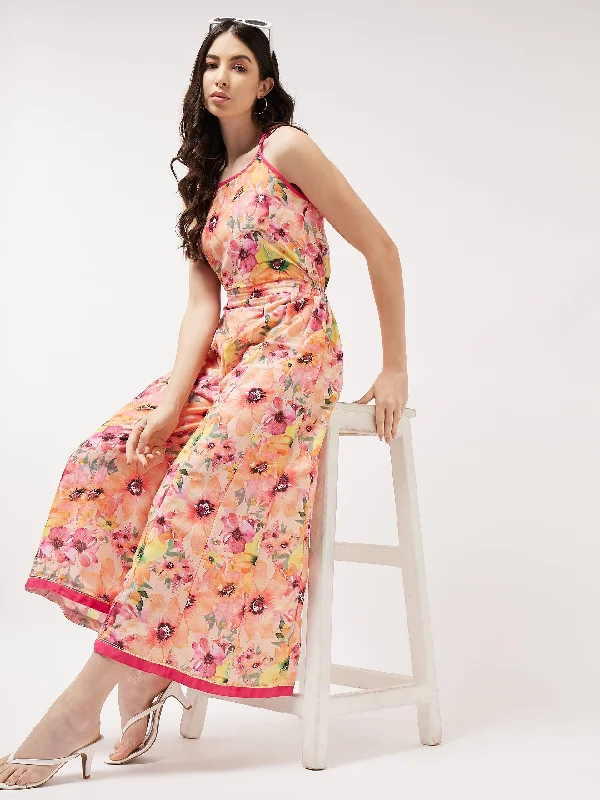 Painted Floral Look Digital Printed Sleeveless Jumpsuit Elegant Women's Formal 