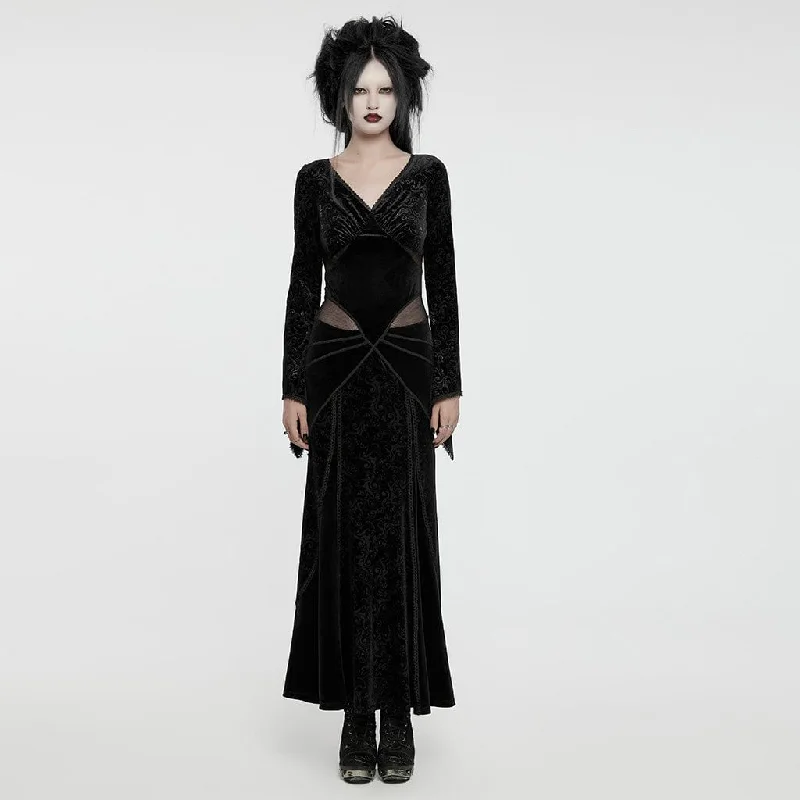 Women's Gothic Plunging Embossed Velvet Prom Dress Black Tough Women's Military - inspired