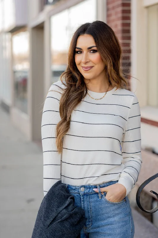 Lightly Ribbed Thin Striped Tee Casual Women's Japanese 