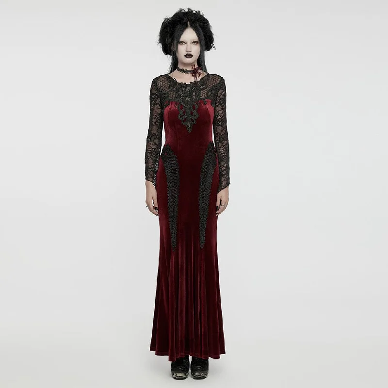 Women's Gothic Lace Splice Velvet Fishtailed Prom Dress Red Disco