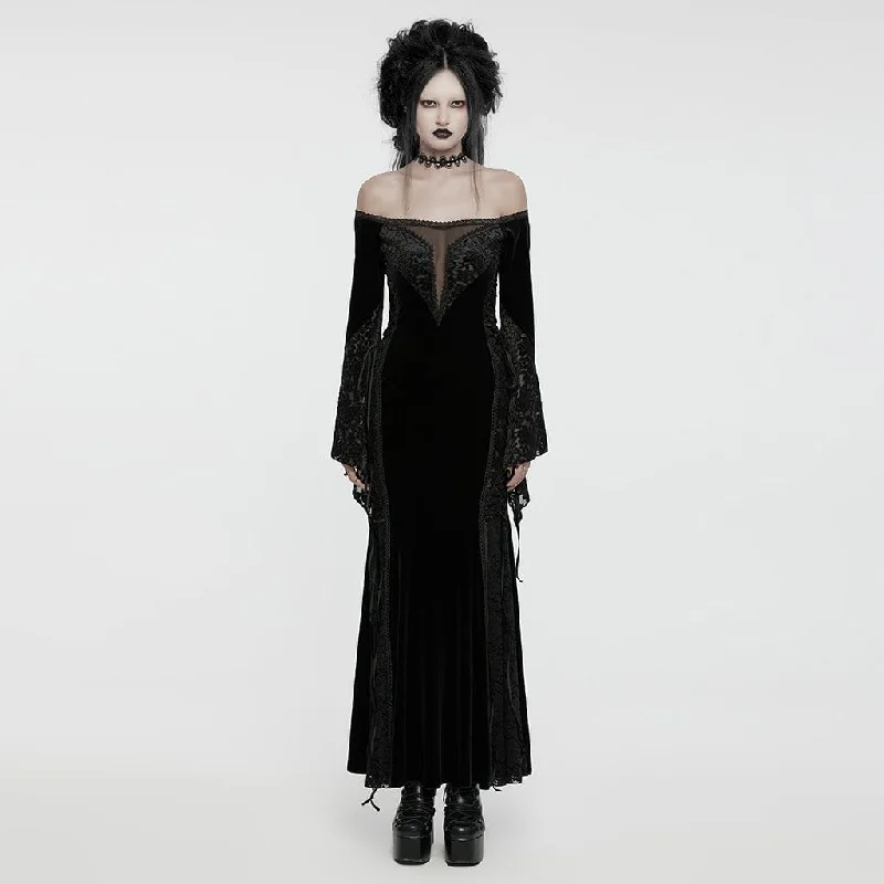 Women's Gothic Off-the-shoulder Lace Splice Velvet Gown Dress Dapper Women's Bow - adorned