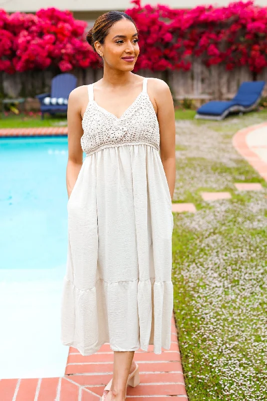 Feeling Your Best Oatmeal Crochet Lace Babydoll Maxi Dress Modern Women's 
