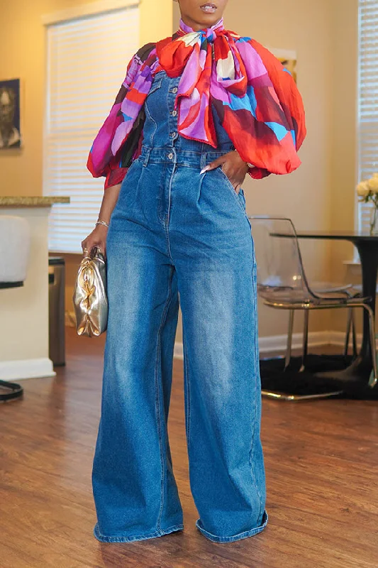 Stylish Denim Bandeau Wide Leg Jumpsuit Polished Women's Silk