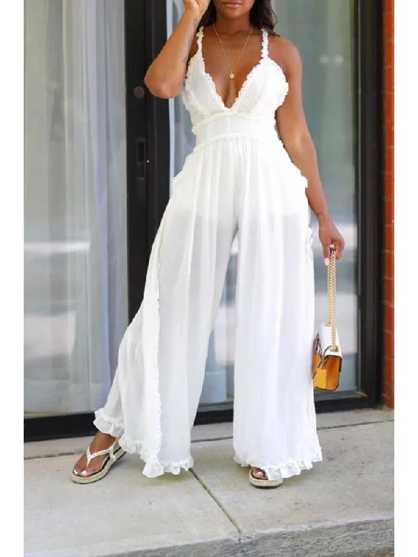 Stringy Selvedge Backless Split Hem Jumpsuits Refined Women's Hand - crafted