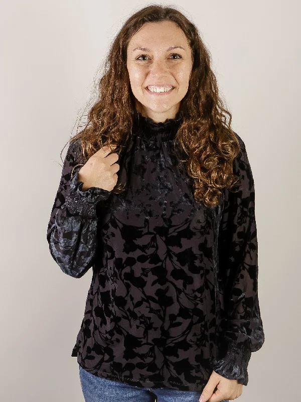 Dark Navy Velvet Print Smocked Top Bold Women's Animal Print