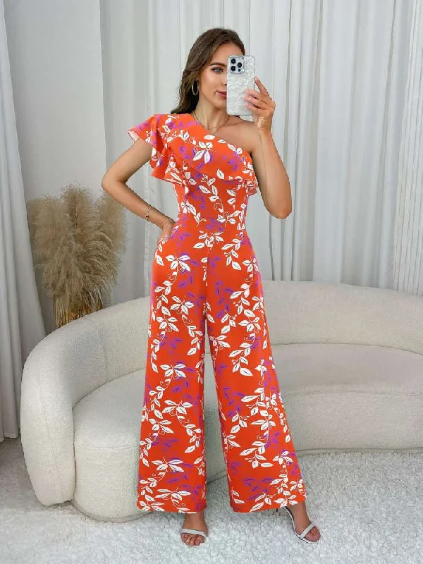 Colorblock Frill Sleeve One Shoulder Jumpsuits Feminine Women's Soft 
