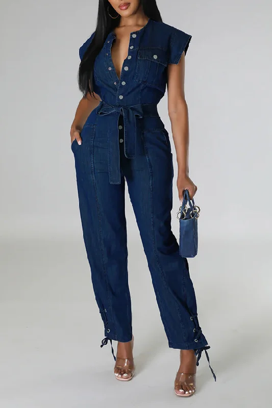 Snap Button Lacing Belted Denim Jumpsuit Laid - back Women's Style