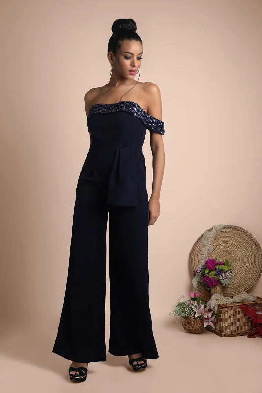Blue Draped Jumpsuit Stylish Women's Tropical 