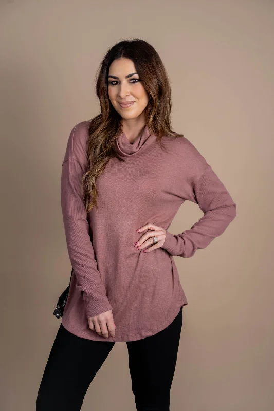Rib Accented Cowl Neck Tunic Tee Cozy Women's Winter