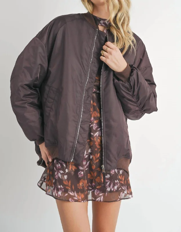 Mila Shirred Bomber Jacket In Chocolate Dynamic Women's Moto