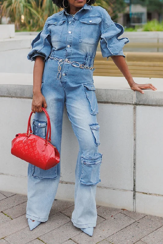 Stylish Flap Pocket Button Bleach Wash Jumpsuit Artistic Women's Hand - painted