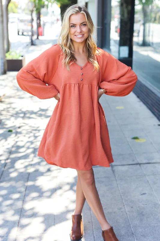 Beautiful You Rust Woven Waffle V Neck Babydoll Dress Polished Women's Silk