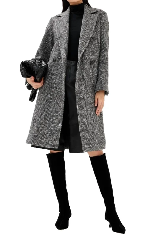 Herringbone Double Breasted Coat In Charcoal Monochromatic Office Style