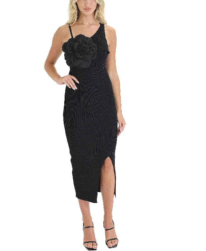Knit Ribbed Midi Dress w/ Flower Rugged Women's Outdoor 