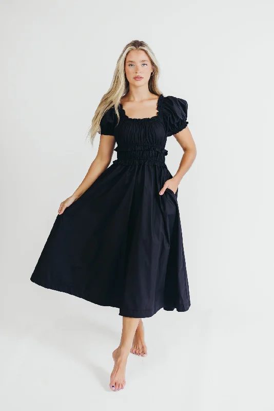 Raquel Cotton-Poplin Midi Dress in Black - Bump Friendly Youthful Women's Anime - inspired