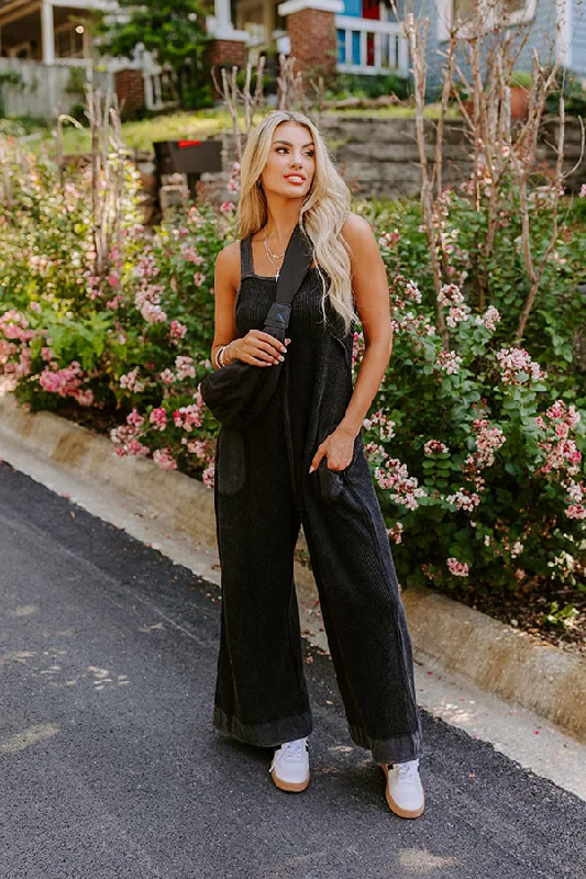 Cue The Charm Wide Leg Waffle Knit Jumpsuit in Vintage Black Elegant Women's Formal 