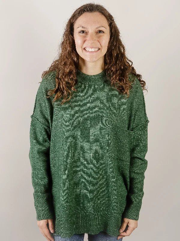 Dark Green Melange Pocket High Low Sweater Feminine Women's Style 