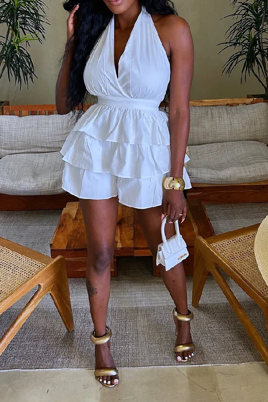Halter Backless Layered Ruffle Hem Romper Practical Women's Multi - 
