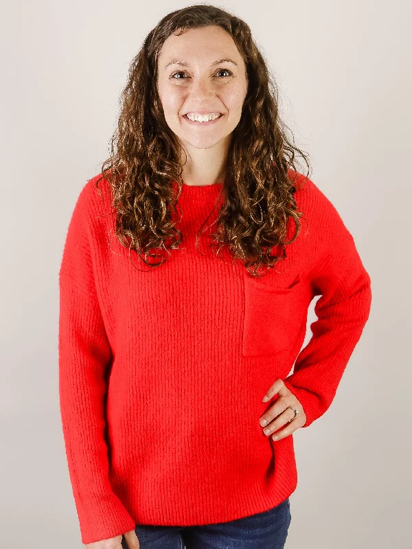 Bright Red Pocket Sweater Monochromatic Office Style