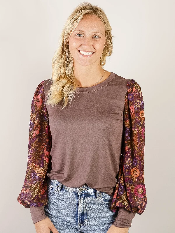 Solid Espresso Top with Floral Sleeves Traditional Women's 