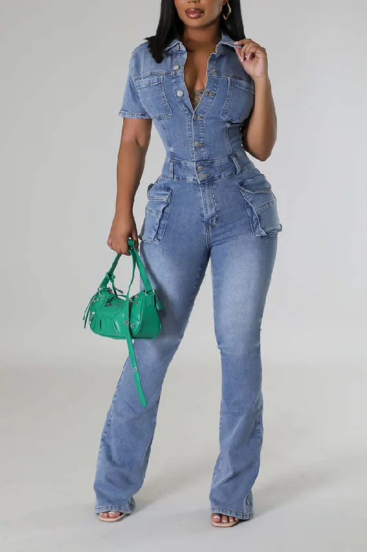 Stylish Denim Flap Pocket Jumpsuit Stylish Women's Neon