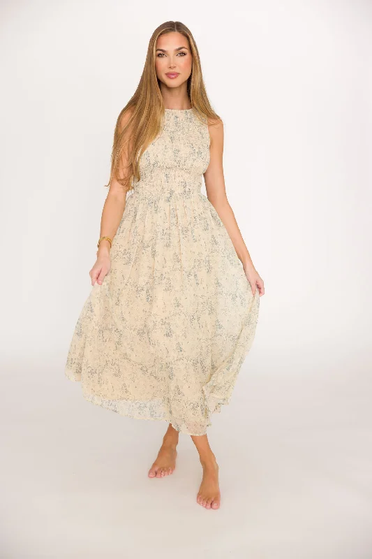 Alaina Floral Print Smocked Midi Dress in Blue Multi Monochromatic Office Style