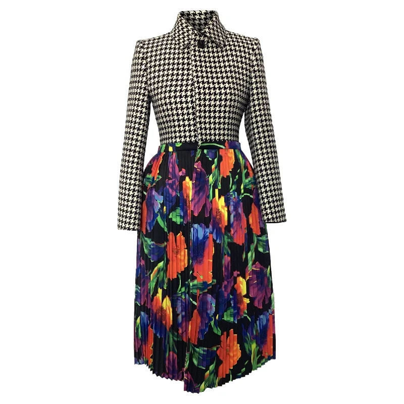 Balenciaga Houndstooth with Floral Pleated Skirt in Multicolor Wool Hip Women's Urban