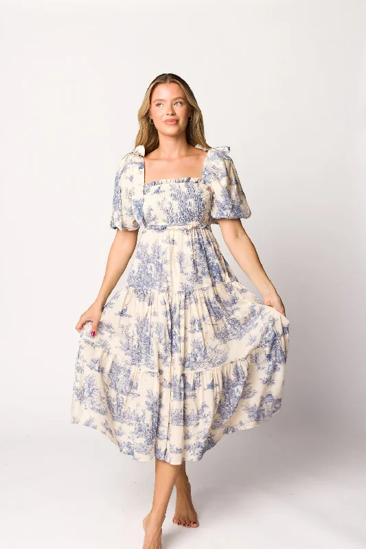 Elena 100% Cotton Toile Print Smocked Midi Dress in Blue - Bump Friendly Confident Women's Power