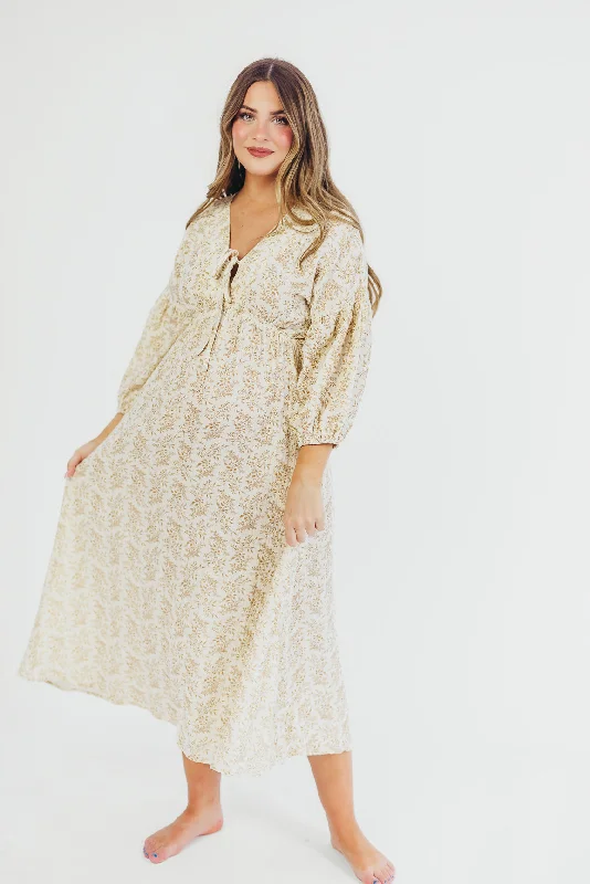 Hunter 100% Cotton Gauze Midi Dress in Natural/Tan Floral - Bump Friendly and Inclusive Sizing garde