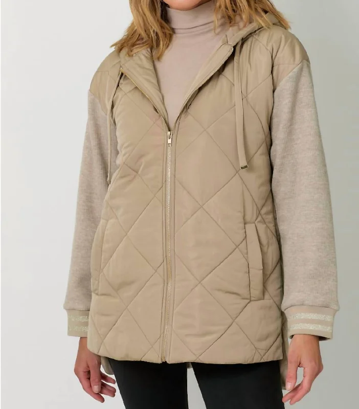 Mixed Sleeve Puffer Jacket In Latte Dapper Women's 1920S
