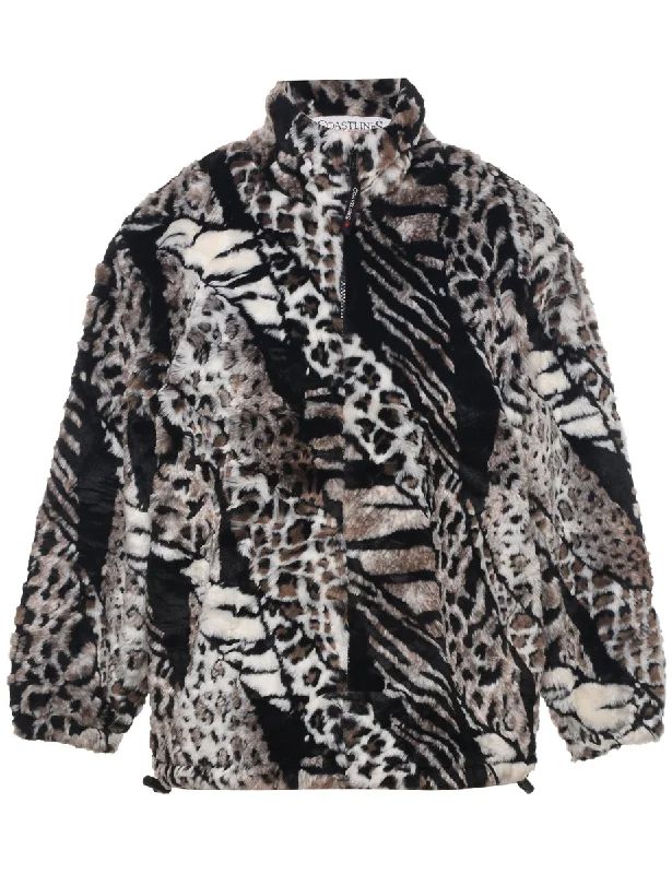 Animal Print Faux Fur Coat - L Classic Women's Tweed