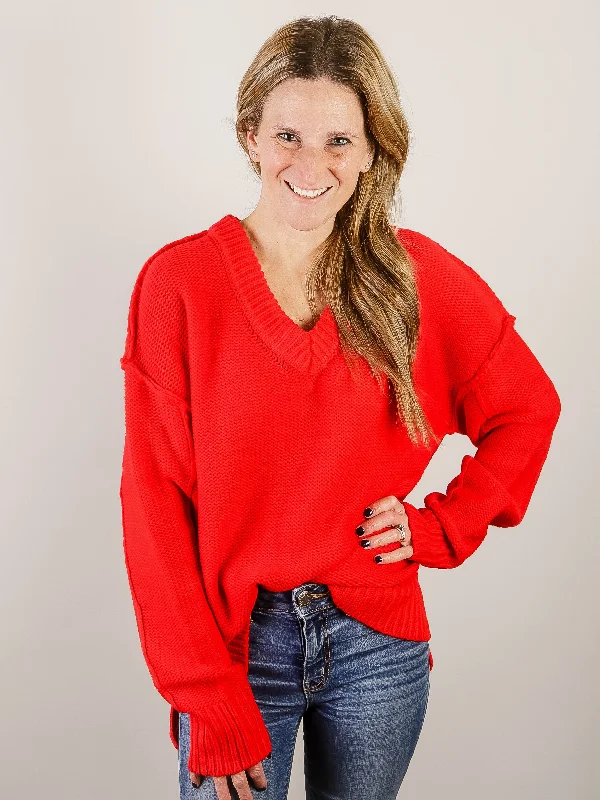 Oversized Red V-Neck Thick Sweater garde