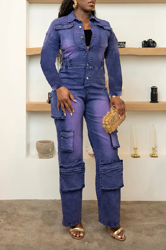 Retro Blush Denim Utility Jumpsuit Streetwear Style for 