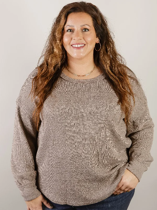 Curvy Taupe Drop Shoulder Sweater Knit Top Relaxed Women's Beachy
