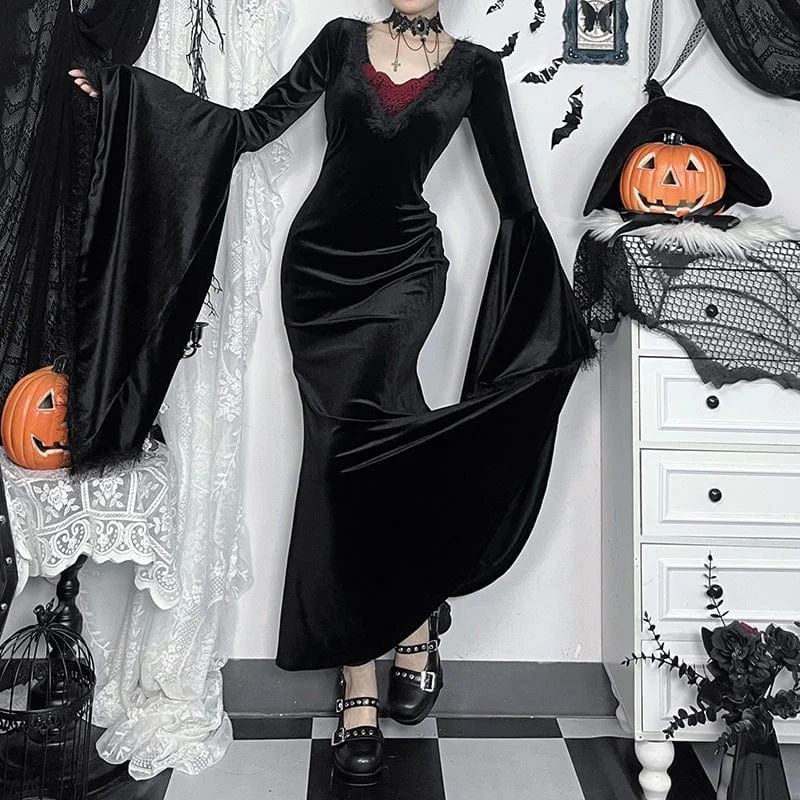 Women's Gothic Plunging Flared Sleeved Velvet Witch Dress Feminine Women's Style 