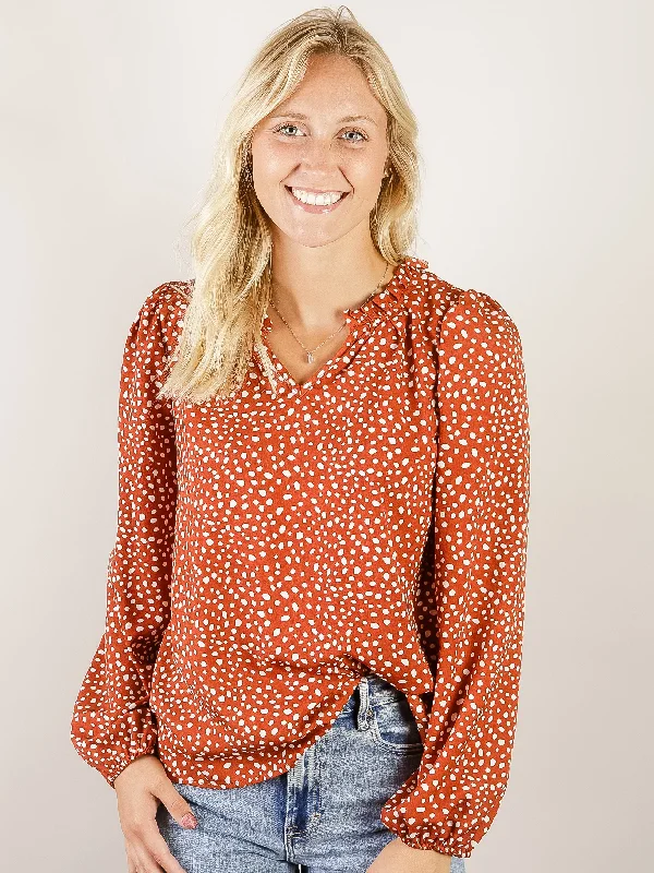 Rust Polka Dot Print Blouse Relaxed Women's 