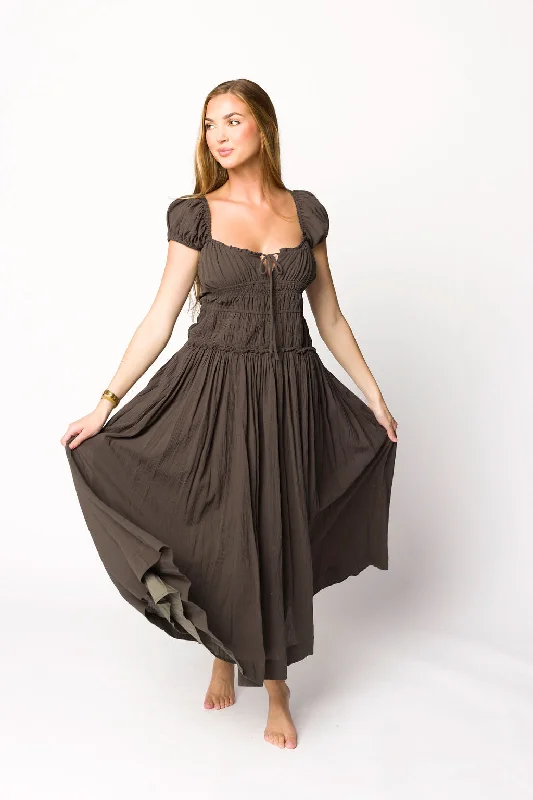 Aria Smocked Maxi Dress with Dropped Waist in Olive Refined Women's Hand - crafted