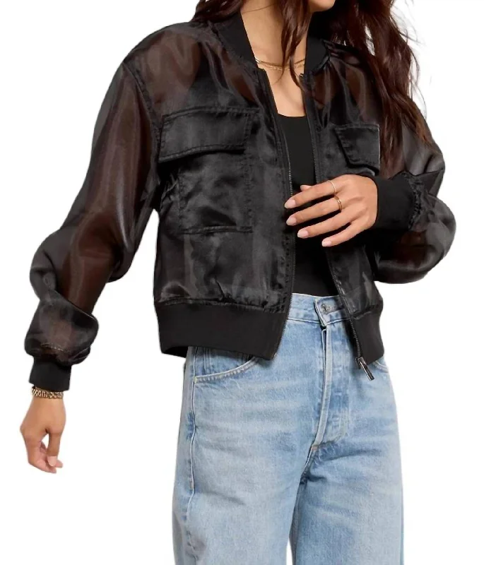Skyline Organza Bomber Jacket In Black Casual Women's Loose - fitting
