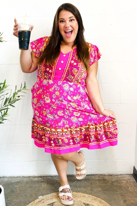 Find Romance Fuchsia Boho Floral Button V Neck Ruffle Dress Gym