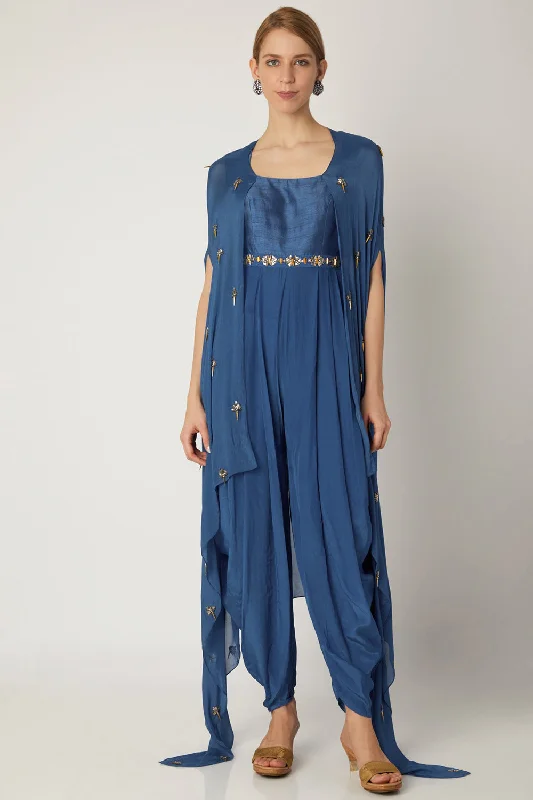 Embroidered Indigo Blue Jumpsuit With Attached Cape Streetwear Style for 