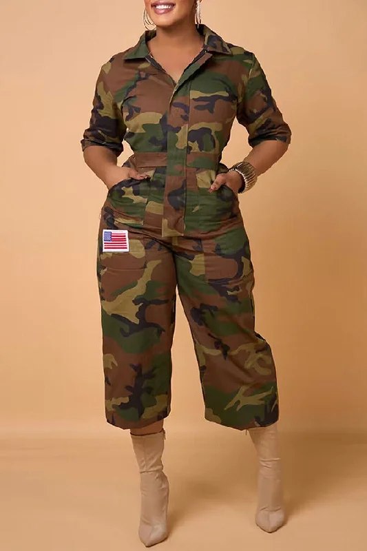 Lapel Camouflage Print Jumpsuit Vintage Women's 1970S 