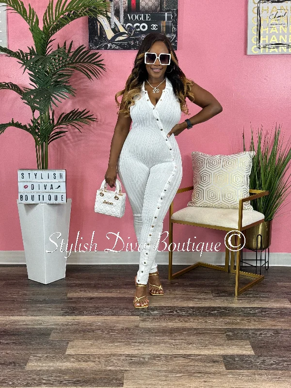 Bailey Sleeveless Ribbed Jumpsuit (White) Dapper Women's Bow - adorned