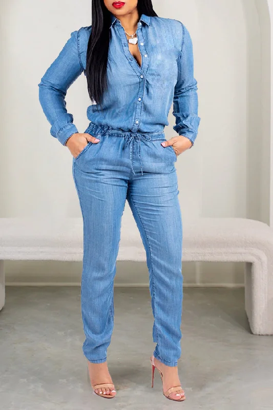 Casual Versatile Denim Drawstring Jumpsuit Tough Women's Military - inspired