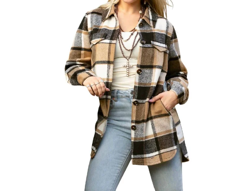 Plaid Shacket With Pockets In Black/tan Stylish Women's Tropical 