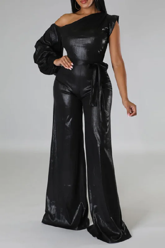 Stylish Oblique Shoulder Lantern Sleeve Jumpsuit Classic Women's Pin - striped