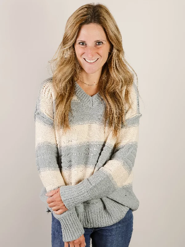 Dusty Blue Striped V-Neck Sweater Earthy Women's Hemp - based