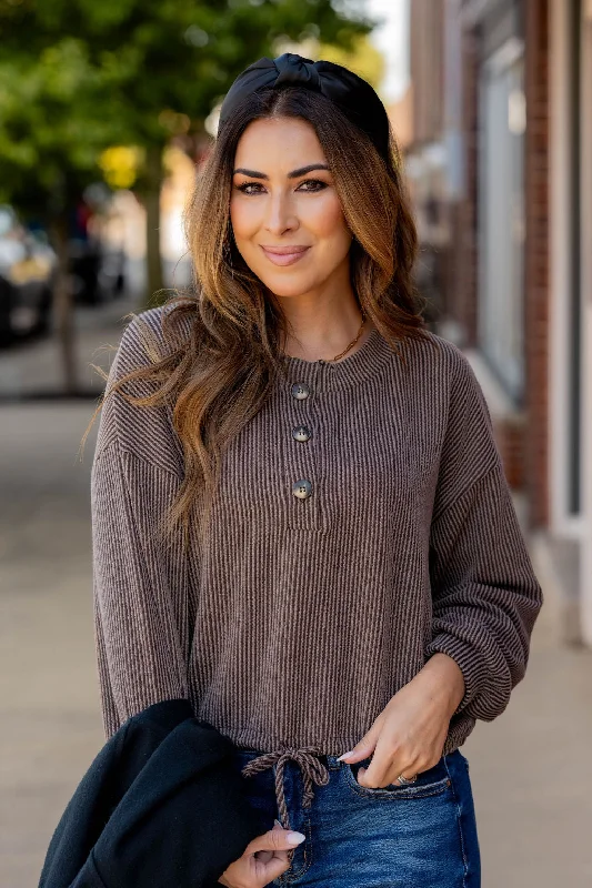 Heavily Ribbed Tie Bottom Button Tee Classic Women's Tweed