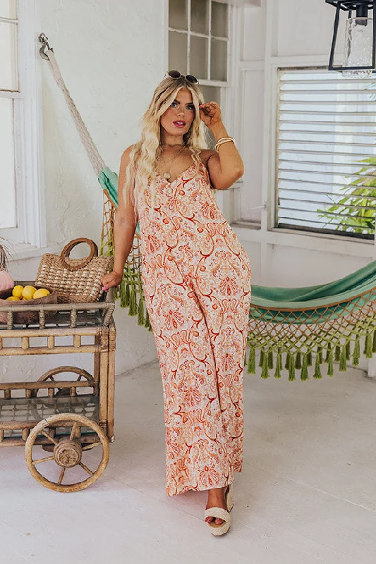 Casually Chic Paisley Jumpsuit in Orange Curves Youthful Women's Pop