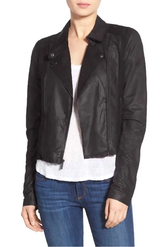 Silvie Cropped Trim Suede Leather Moto Jacket In Black Practical Women's Multi - 