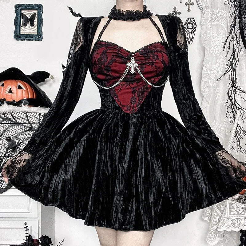 Women's Gothic Cross Lace Short Dress Black Red Elegant Women's 